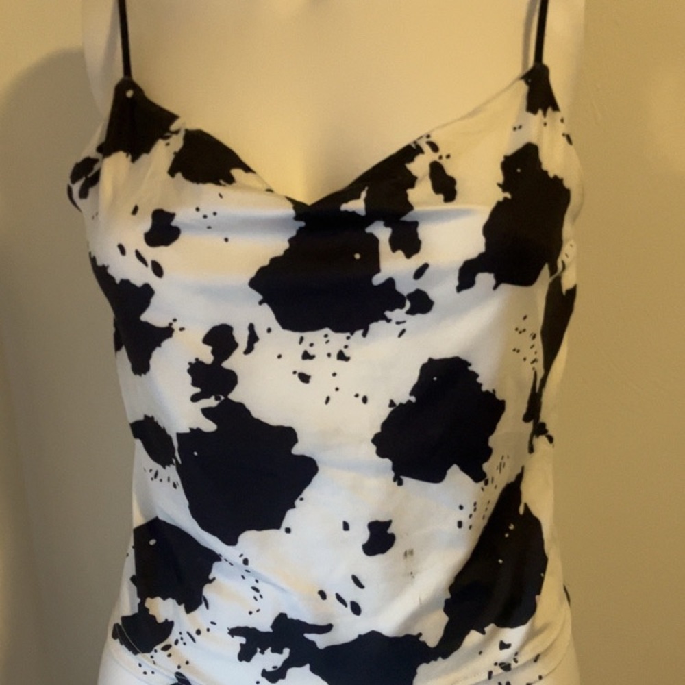 SHEIN Black and White Cow Print Satin Cowl Neck Camisole